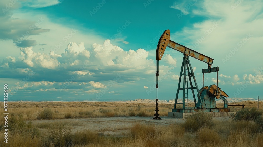 Rusty Oil Pump Jack in a Field Against a Cloudy Sky Rusty Oil Pump Jack in a Field Against a Cloudy Sky