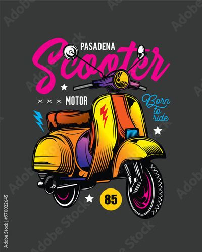 Classic old scooter. Original vector illustration in vintage style. T-shirt design.