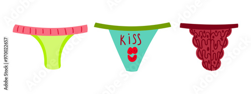 Women underwear cartoon illustration set. Female cotton and silk panties in different styles, thong, tanga, bikini, hipster, slip. Lingerie, femininity, glamour concept