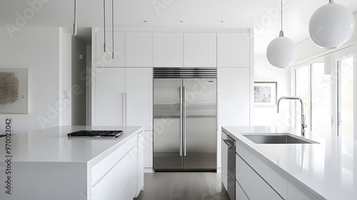 A minimalist kitchen with white cabinetry and stainless steel appliances.