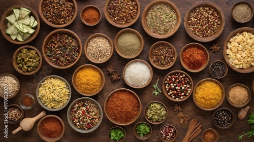 Bowls filled with lots of different kinds of food, renaissance and spices.