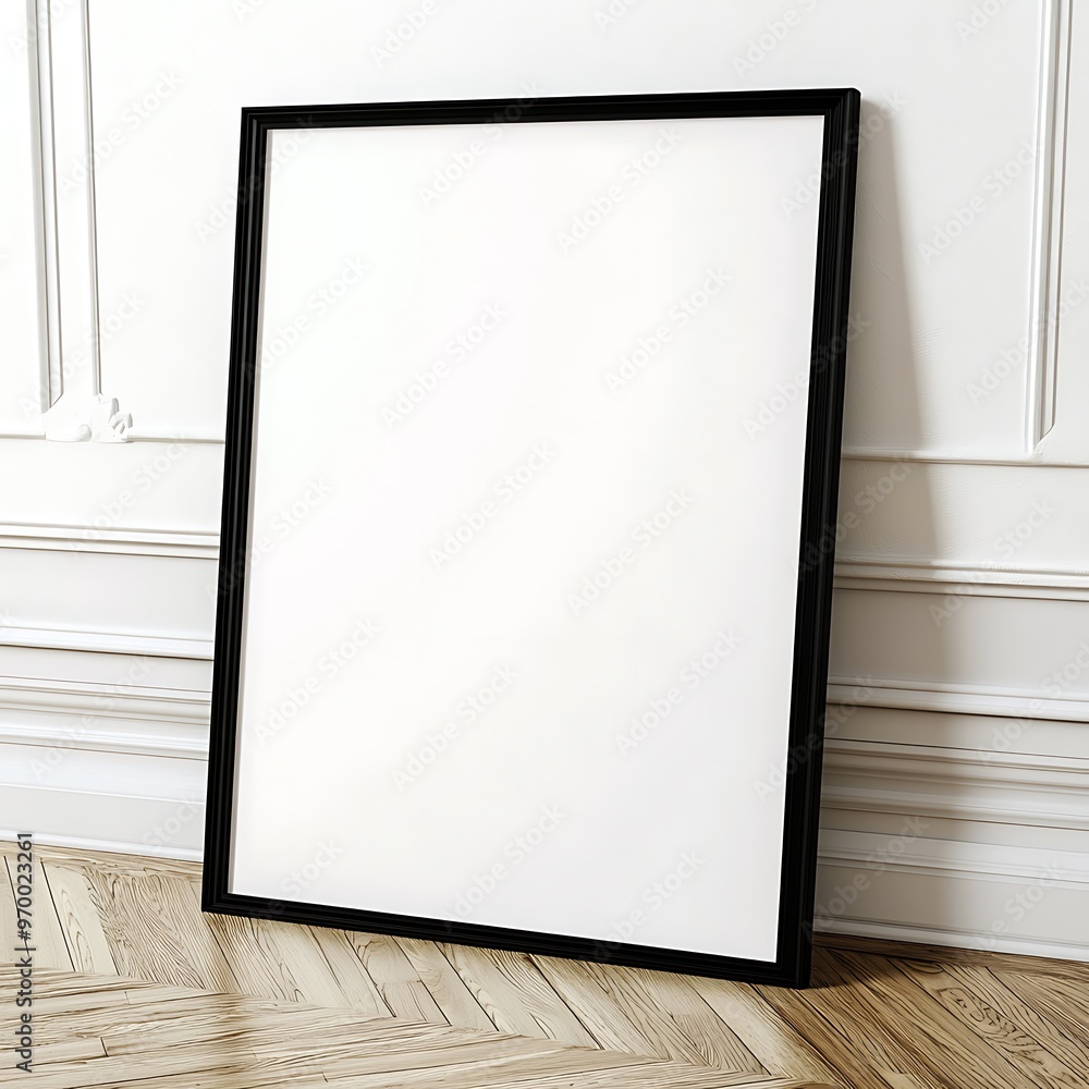 Black picture frame mockup on wooden floor with white wall Black picture frame mockup on wooden floor with white wall