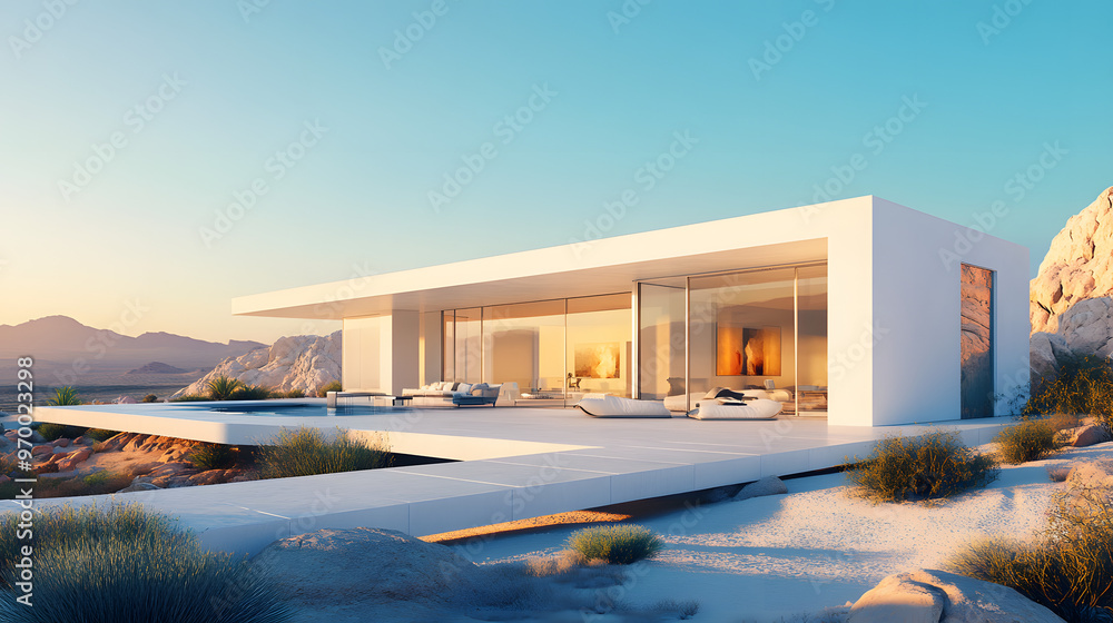 A minimalist modern home with white clean lines and large open spaces set in a desert landscape. A minimalist modern home with white clean lines and large open spaces set in a desert landscape.