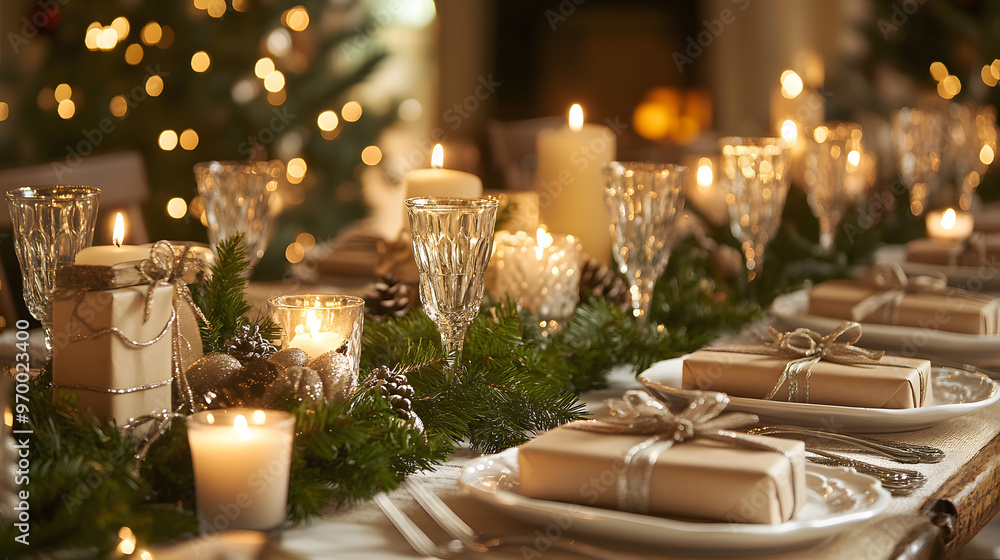 A beautifully decorated Christmas table with small wrapped gifts as place settings surrounded by candles and greenery. A beautifully decorated Christmas table with small wrapped gifts as place settings surrounded by candles and greenery.