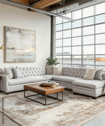 sectional sofa in a spacious, high-ceilinged room, light grey fabric with tufted back