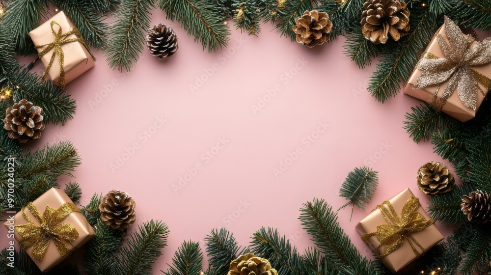 Merry Christmas banner design. New Year flat lay pink background concept with empty space. Holiday ornament arrangement. Luxury Noel and Xmas festive layout. Merry Christmas banner design. New Year flat lay pink background concept with empty space. Holiday ornament arrangement. Luxury Noel and Xmas festive layout.