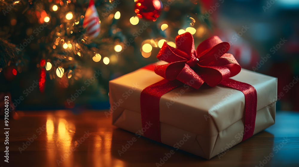 A beautifully wrapped Christmas gift with a large red bow placed under a glowing Christmas tree. A beautifully wrapped Christmas gift with a large red bow placed under a glowing Christmas tree.