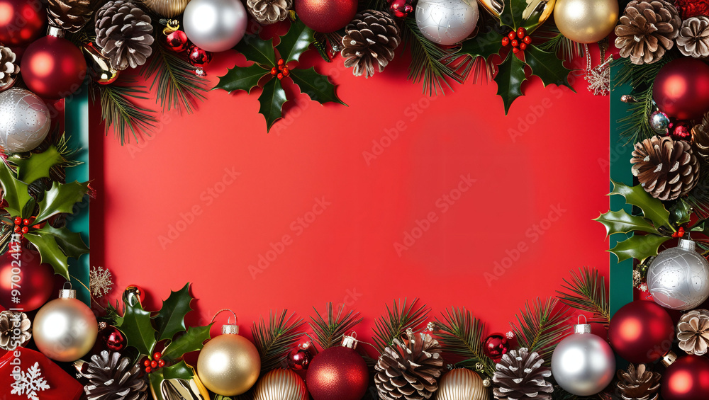 Creative christmas framei on red background. Xmas and New Year holiday, banner, postcard, invitation, celebration. Flat lay, top view Creative christmas framei on red background. Xmas and New Year holiday, banner, postcard, invitation, celebration. Flat lay, top view