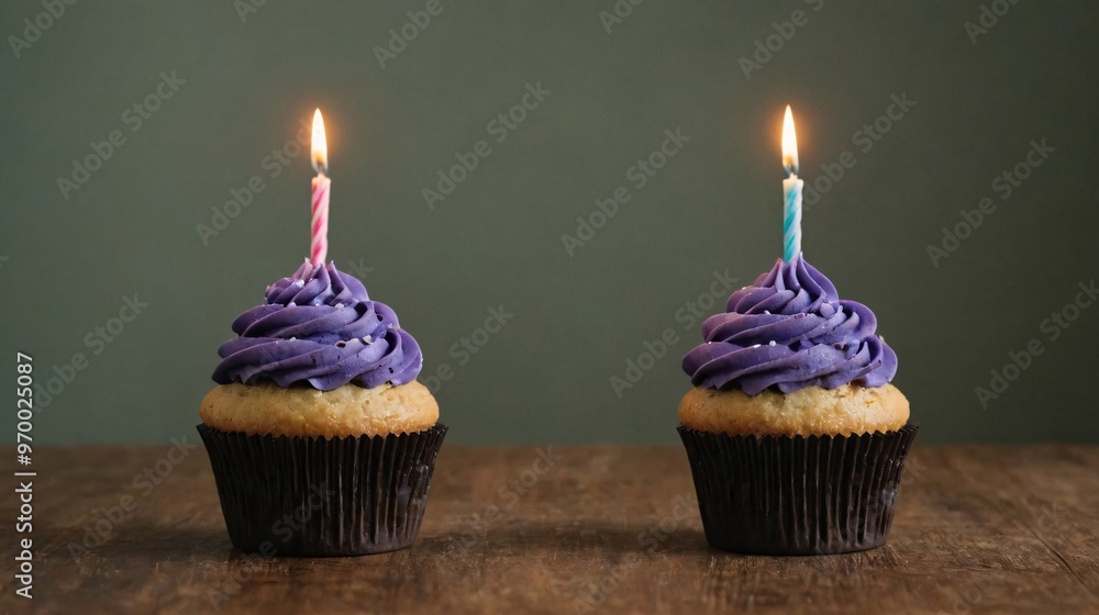Two Delicious pancake on the table with one candle glowing on each cake. Two Delicious pancake on the table with one candle glowing on each cake.