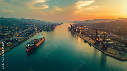 A bustling port with cargo ships powered by renewable energy docking and unloading.