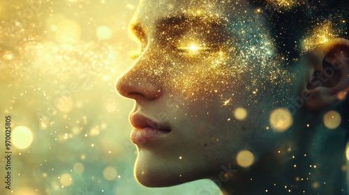 A Person's Face Covered in Golden Glitter Against a Bokeh Background