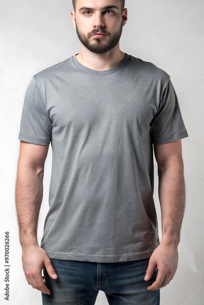 Man in a grey t-shirt and blue jeans posing confidently in a modern studio setup with neutral background for fashion and casual wear photography Man in a grey t-shirt and blue jeans posing confidently in a modern studio setup with neutral background for fashion and casual wear photography