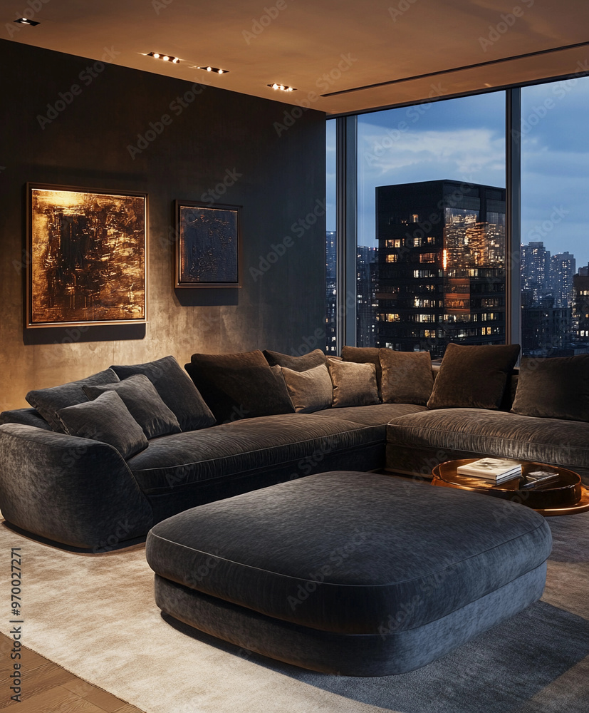 sectional sofa with charcoal grey fabric, set in a luxury penthouse with panoramic city views sectional sofa with charcoal grey fabric, set in a luxury penthouse with panoramic city views