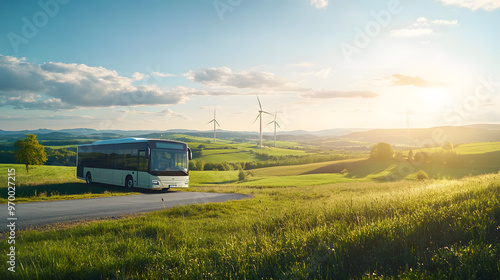 An electric bus traveling on a scenic countryside route with rolling hills farms and wind turbines in the background symbolizing a journey through nature’s beauty.