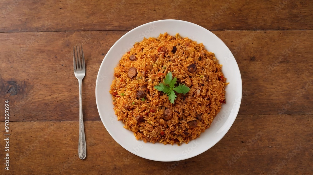 A top view of Jollof Rice in the plate, Indian spices top view images.