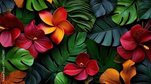 Wallpaper Mural Lush Tropical Botanical Illustration with Exotic Flowers and Leaves in a Jungle Setting Torontodigital.ca