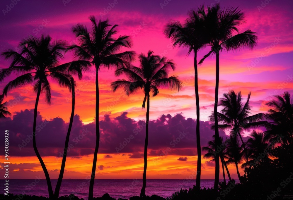 Obraz premium silhouette lush palm trees framed vibrant sunset colors creating striking tropical scene, vivid, landscape, nature, sky, evening, clouds, horizon, light