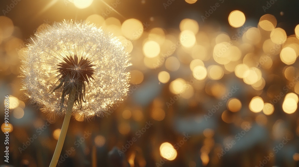Fototapeta premium Dew-Covered Dandelion Seed Head in Golden Sunlight