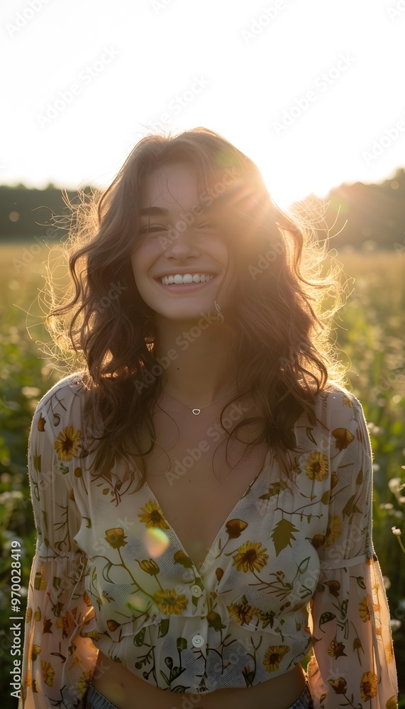 Young happy smiling woman standing in a field with sun Young happy smiling woman standing in a field with sun