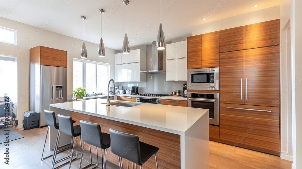 A modern kitchen with an island and stainless steel appliances. A modern kitchen with an island and stainless steel appliances.