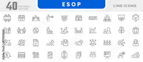 Employee stock ownership plan line icon collection. ESOP, benefits, company, shares, benefits, management, win-win, scheme, and ownership icon set. UI outline icon pack