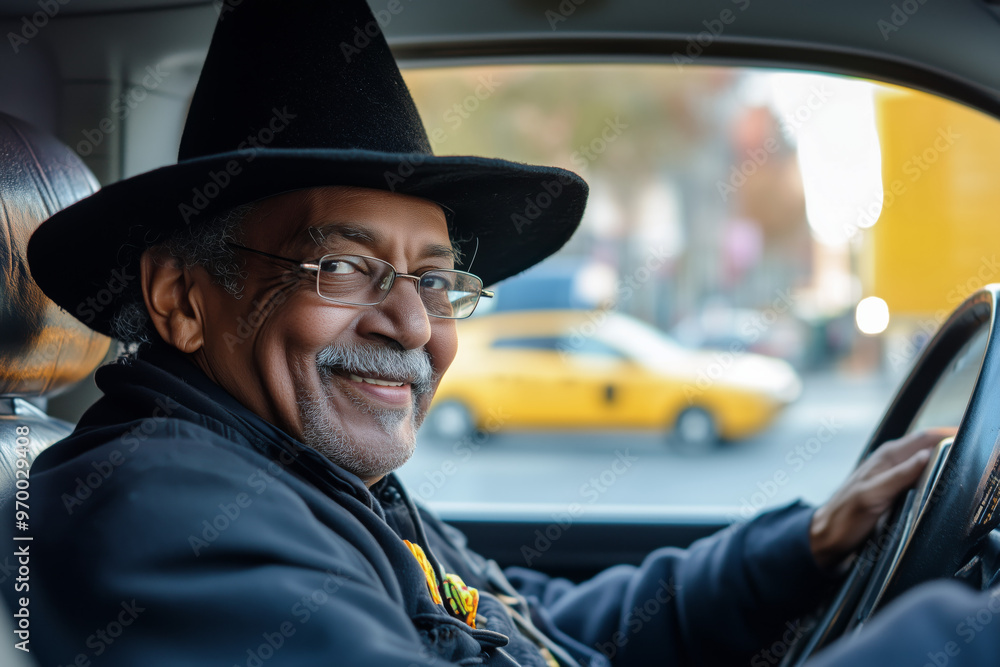 Halloween themed NYC taxi driver in witch hat professional photography soft shadows and sharp focus Halloween themed NYC taxi driver in witch hat professional photography soft shadows and sharp focus