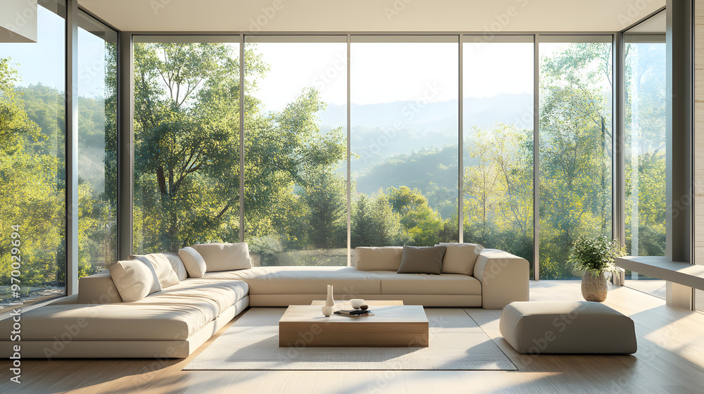 A modern living room with a neutral color palette and floortoceiling windows. A modern living room with a neutral color palette and floortoceiling windows.