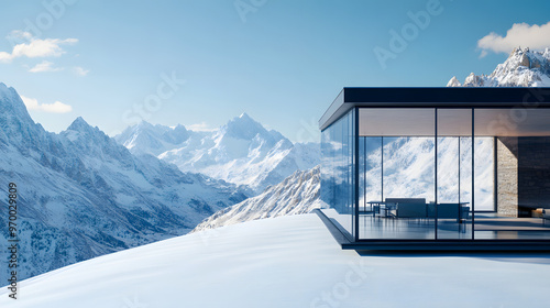 A modern mountain home with a minimalist design large glass walls and a stunning view of snowcovered peaks. photo