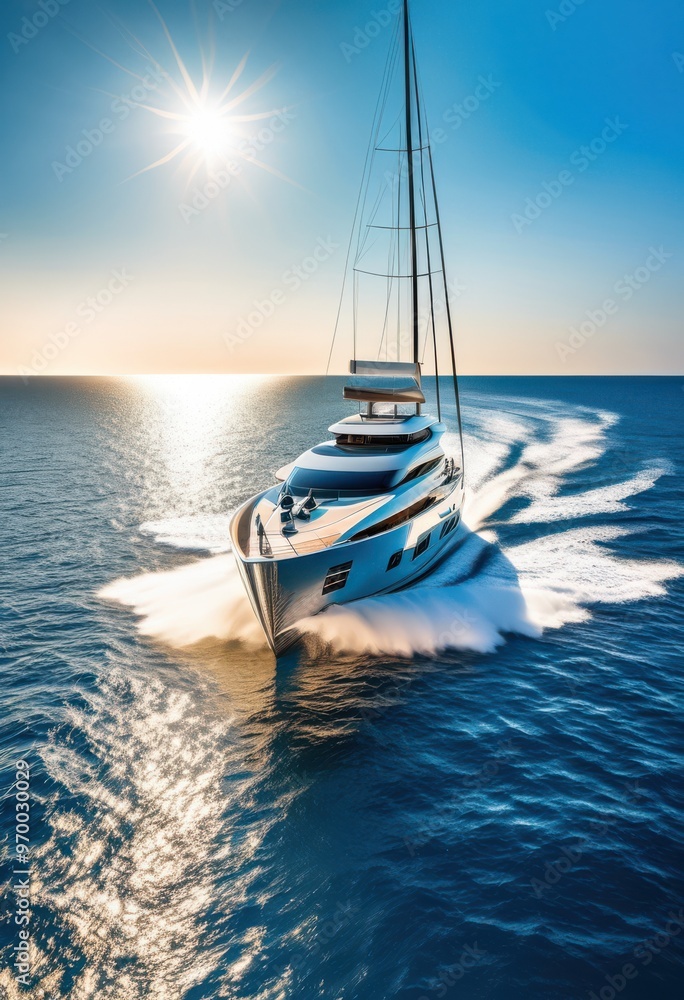 Fototapeta premium luxurious yacht gliding across serene azure waters under clear blue sky, boat, luxury, sailing, ocean, sea, waves, horizon, travel, vacation, marine