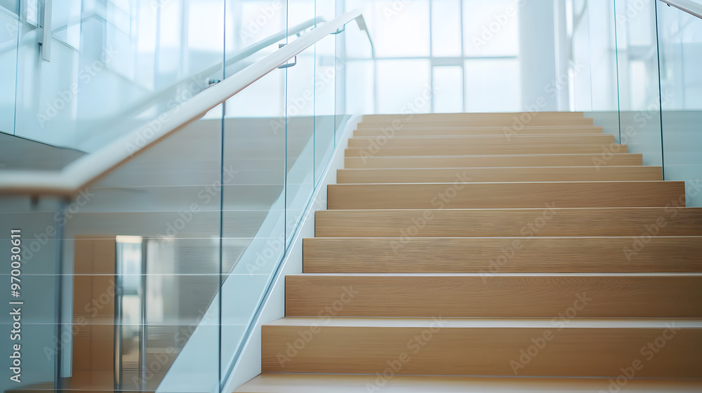 Fototapeta premium A modern staircase with glass railings and wooden steps.