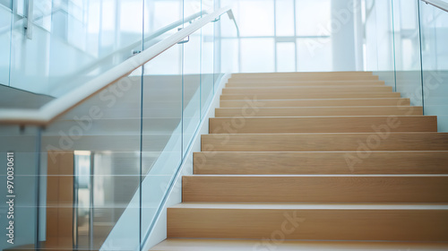 A modern staircase with glass railings and wooden steps.