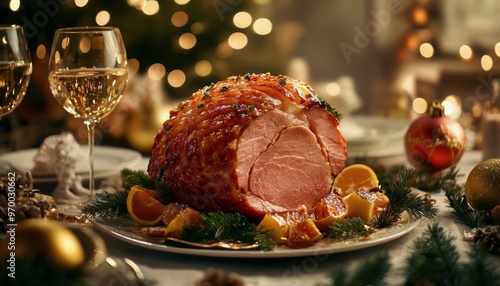 Deliciously glazed ham served with red wine during festive holiday dinner cel...