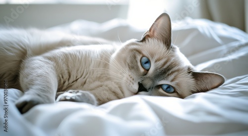 A relaxed cat lounging on a soft blanket in a sunlit room during the afternoon