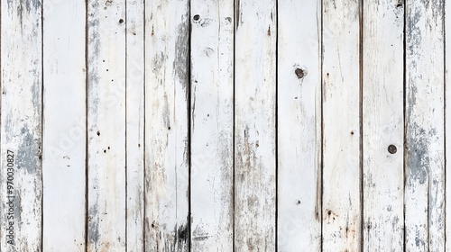 Old wooden plank wall painted with white peeling paint. Rustic background.