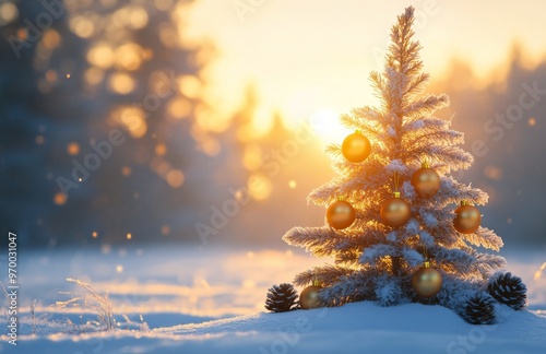 A decorated Christmas tree with ornaments and pinecones in a snowy sunset lan...