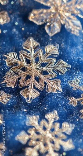 Intricate golden snowflakes adorn a deep blue background during the winter se...