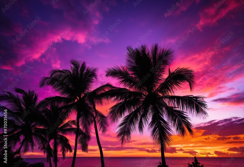 stunning palm silhouette framed vibrant sunset sky striking colors purple blending together captivating tropical scene, orange, pink, nature, landscape stunning palm silhouette framed vibrant sunset sky striking colors purple blending together captivating tropical scene, orange, pink, nature, landscape