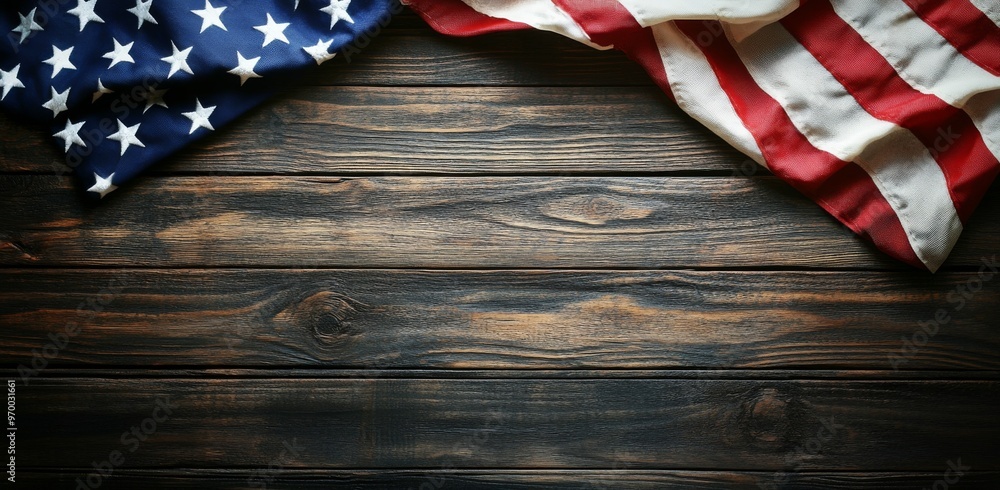American flag draped over rustic wooden surface in a calm, patriotic setting American flag draped over rustic wooden surface in a calm, patriotic setting