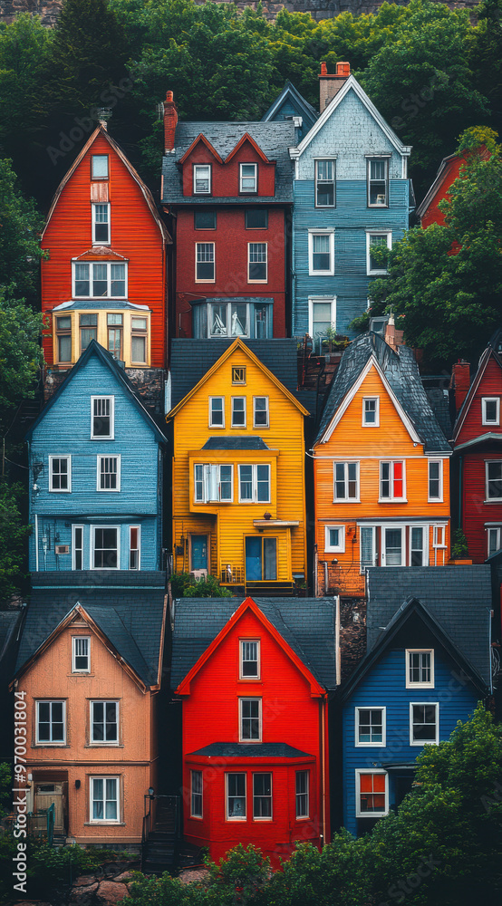 Naklejka premium A vertical photograph of many colorful houses stacked on top of each other, creating an abstract and surreal composition against the dark sky background. 