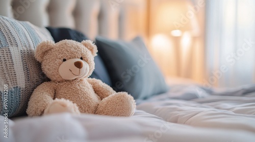 Teddy bear on a cozy bed in