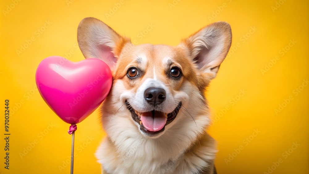 Cute corgi dog with a heart-shaped balloon on a yellow background, symbolizing fun and love. Cute corgi dog with a heart-shaped balloon on a yellow background, symbolizing fun and love.