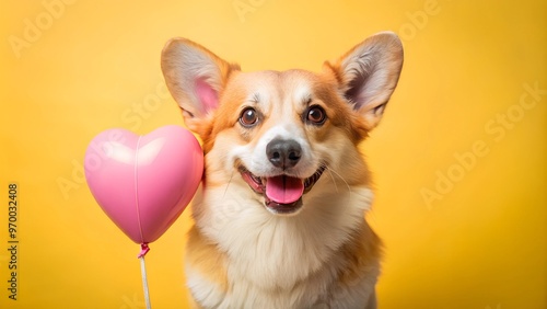 Cute corgi dog with a heart-shaped balloon on a yellow background, symbolizing fun and love.