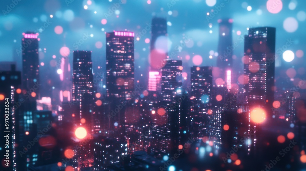 A Blurry Nighttime View of a City Skyline with Bokeh Lights A Blurry Nighttime View of a City Skyline with Bokeh Lights