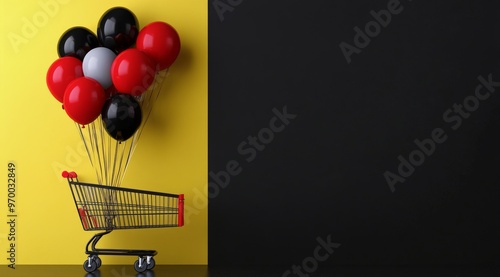 Colorful balloons and a shopping cart against a vibrant yellow wall in a crea...