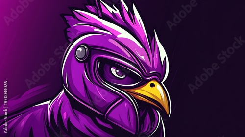 Purple bird wearing futuristic helmet, cartoon mascot illustration photo