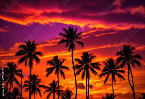 vibrant palm tree silhouettes stunning sunset sky filled warm colors dramatic cloud patterns, clouds, tropical, nature, evening, light, horizon, landscape