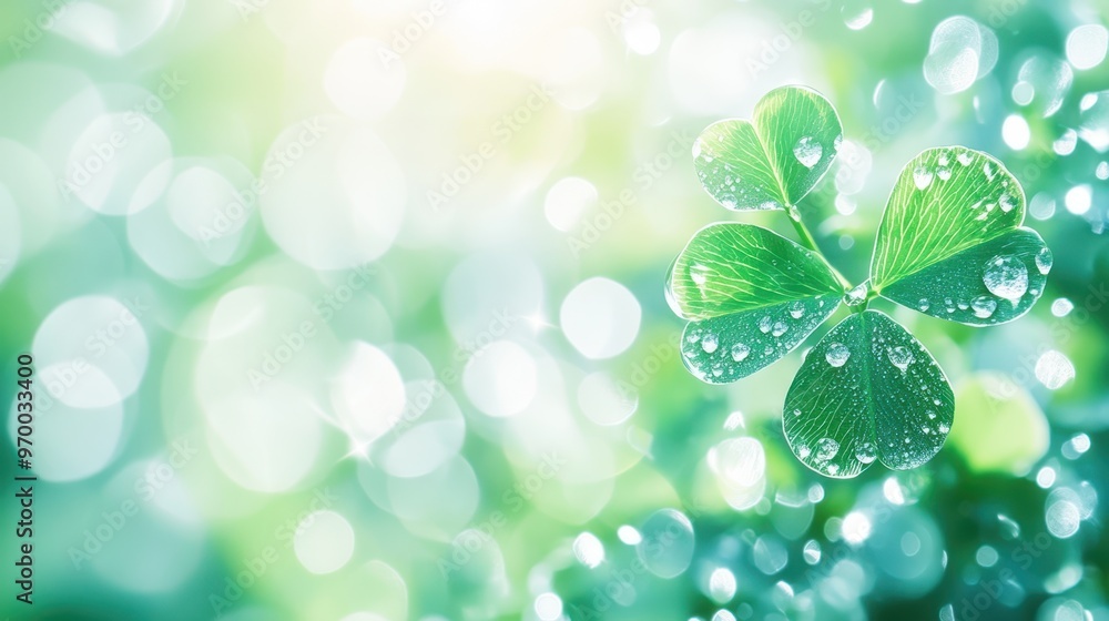 Close-up of a fresh green clover leaf with water droplets on a vibrant, dewy background. Symbol of luck and nature. Close-up of a fresh green clover leaf with water droplets on a vibrant, dewy background. Symbol of luck and nature.