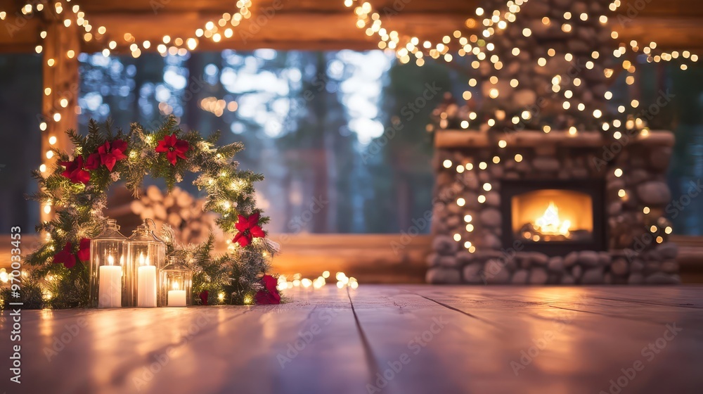 Cozy cabin with a stone fireplace, Christmas stockings, and twinkling lights on a tree, set against a snowy forest view. Holiday home decor concept. Cozy cabin with a stone fireplace, Christmas stockings, and twinkling lights on a tree, set against a snowy forest view. Holiday home decor concept.