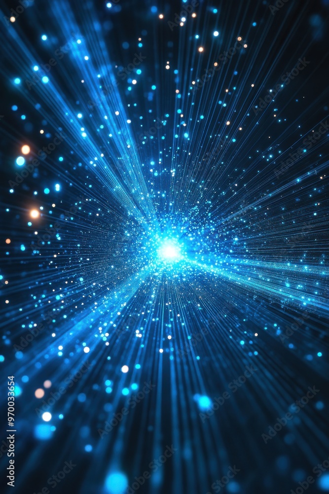 Naklejka premium Abstract blue background with radiant light rays and sparkling particles creating a stunning starburst effect