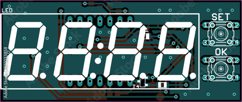 Vector printed circuit board of electronic 
device (digital clock) with components of radio elements, 
conductors and contact pads placed on pcb. 
Engineering technical drawing. Computer cad design.